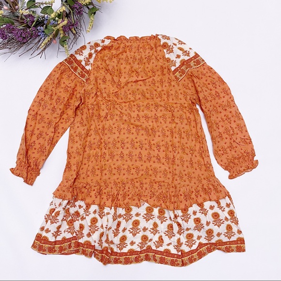 Umgee | Floral Long Puff Sleeve Keyhole Dress Ruffle Hem Tassel Tie Tiered Boho - Picture 9 of 16